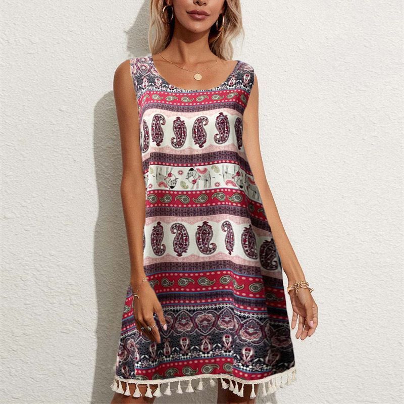 Loose Sleeveless Fringe Printed Dress For Women