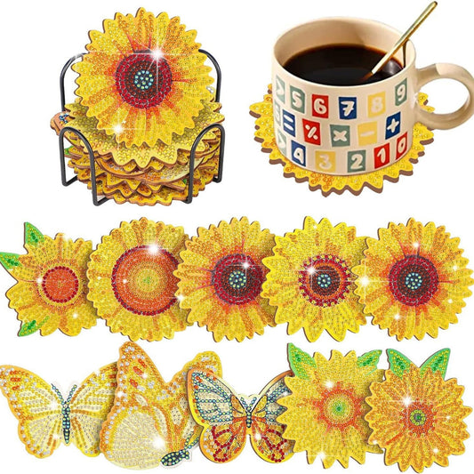 10 Pieces DIY Crystal Glitter Diamond Painted Wooden Art Coaster With Stand Sunflower Style