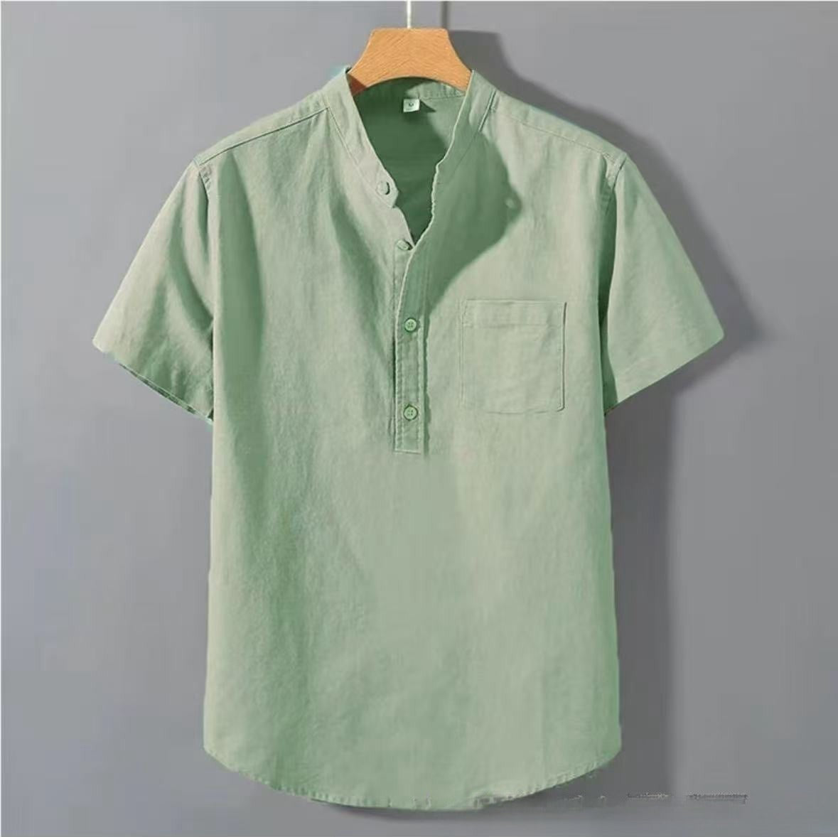 Casual Stand Collar Short Sleeve Solid Color Slub Linen Shirt Top