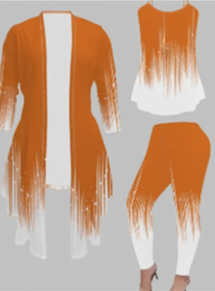 Women's 3 Suits, Printed Cardigan Jacket With Solid Color Casual Pants Vest Everyday Suit