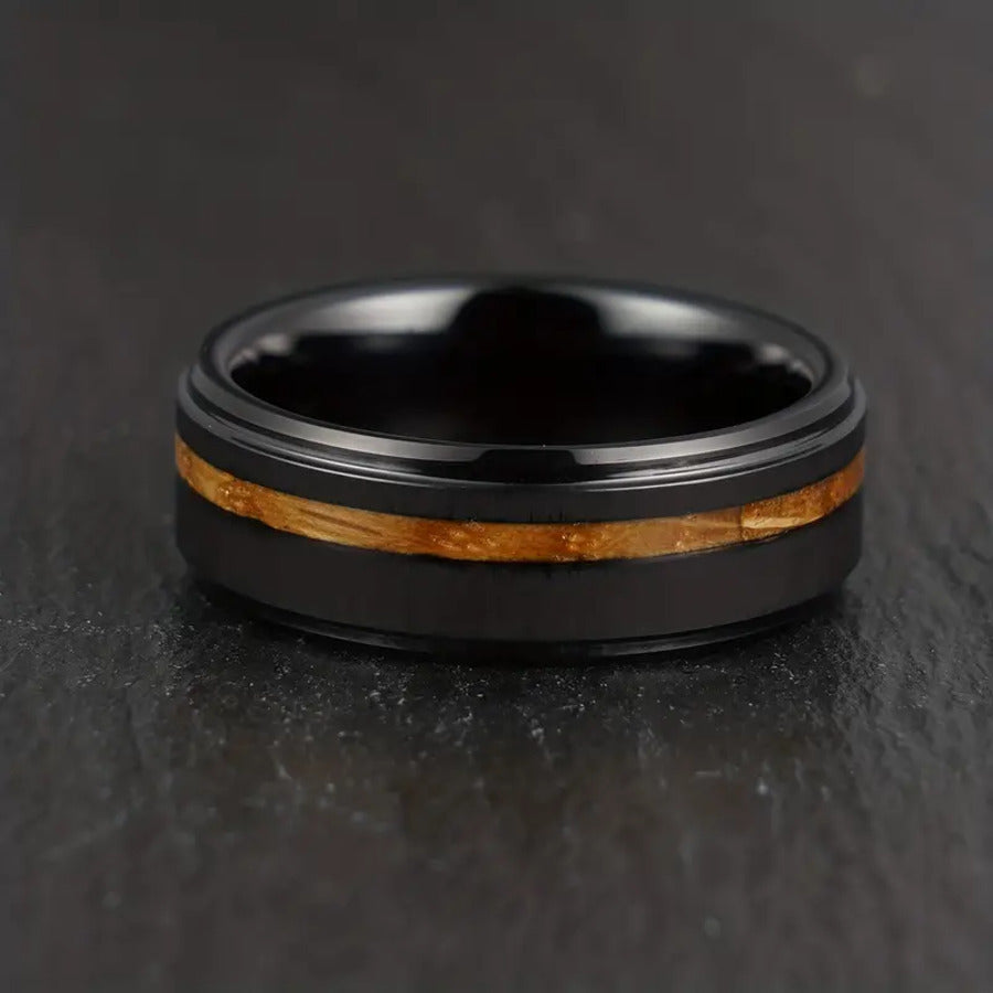 Black Wood Grain Dribble SST Ring Jewelry