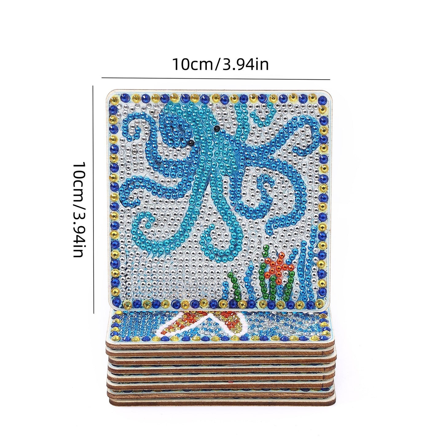 9 Pieces DIY Crystal Glitter Diamond Painted Wooden Art Coaster With Stand