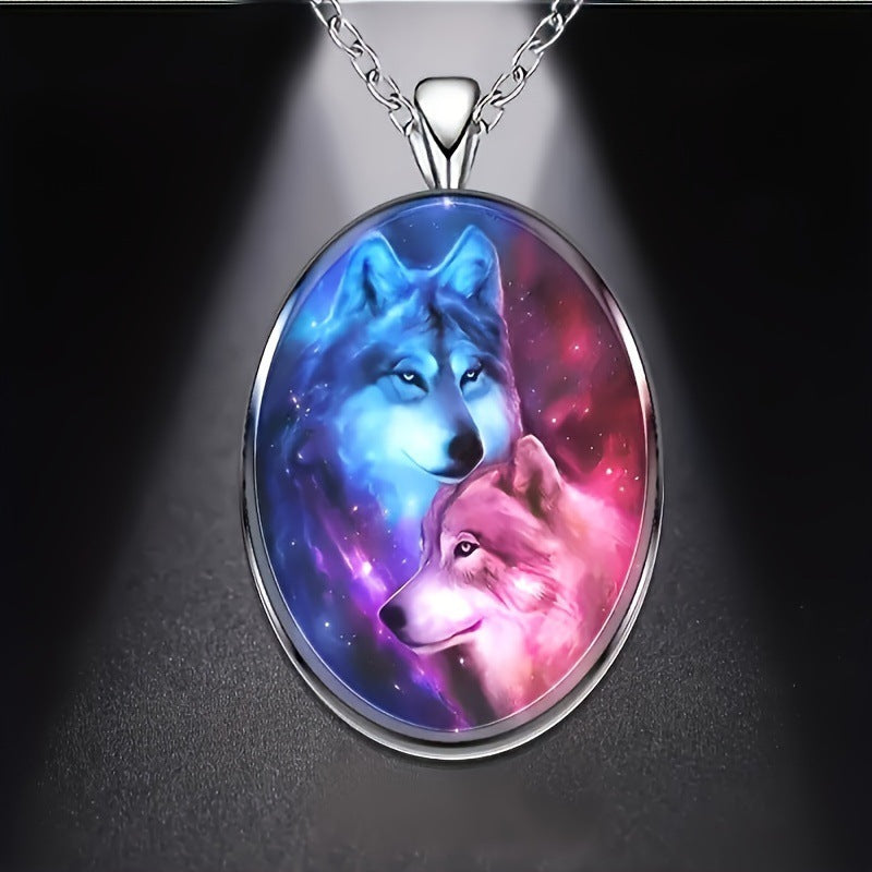 Creative Animal Wolf Head Oval Men's Alloy Glass Pendant Necklace