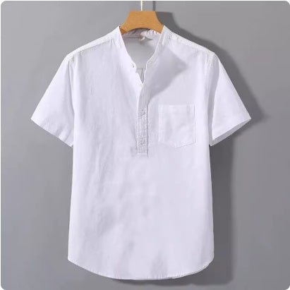 Casual Stand Collar Short Sleeve Solid Color Slub Linen Shirt Top