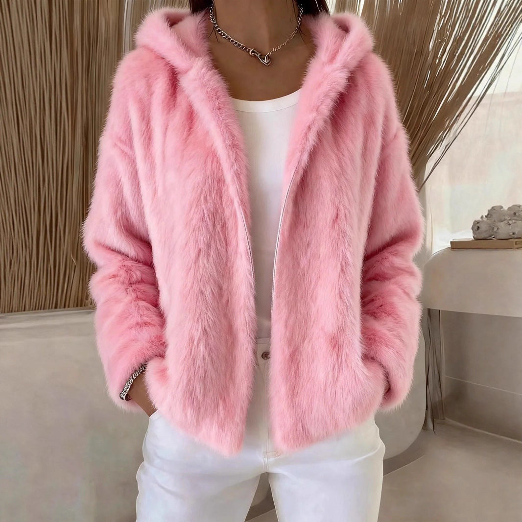 Fall Winter Hooded Solid Color Fashion Casual Zip Coat