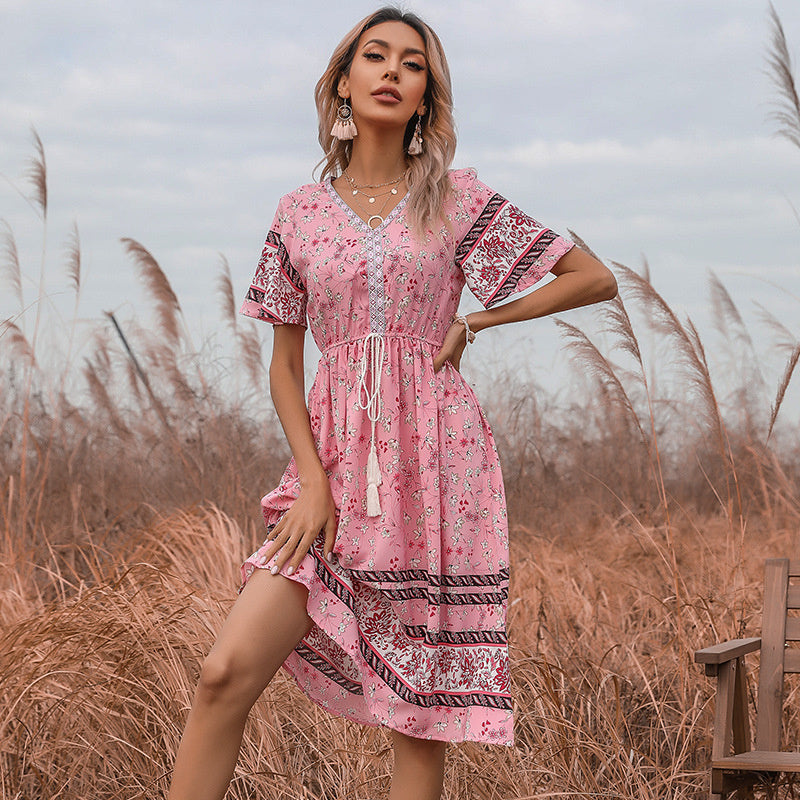 Floral Lace-Up Short Sleeve V-Neck Bohemian Dress