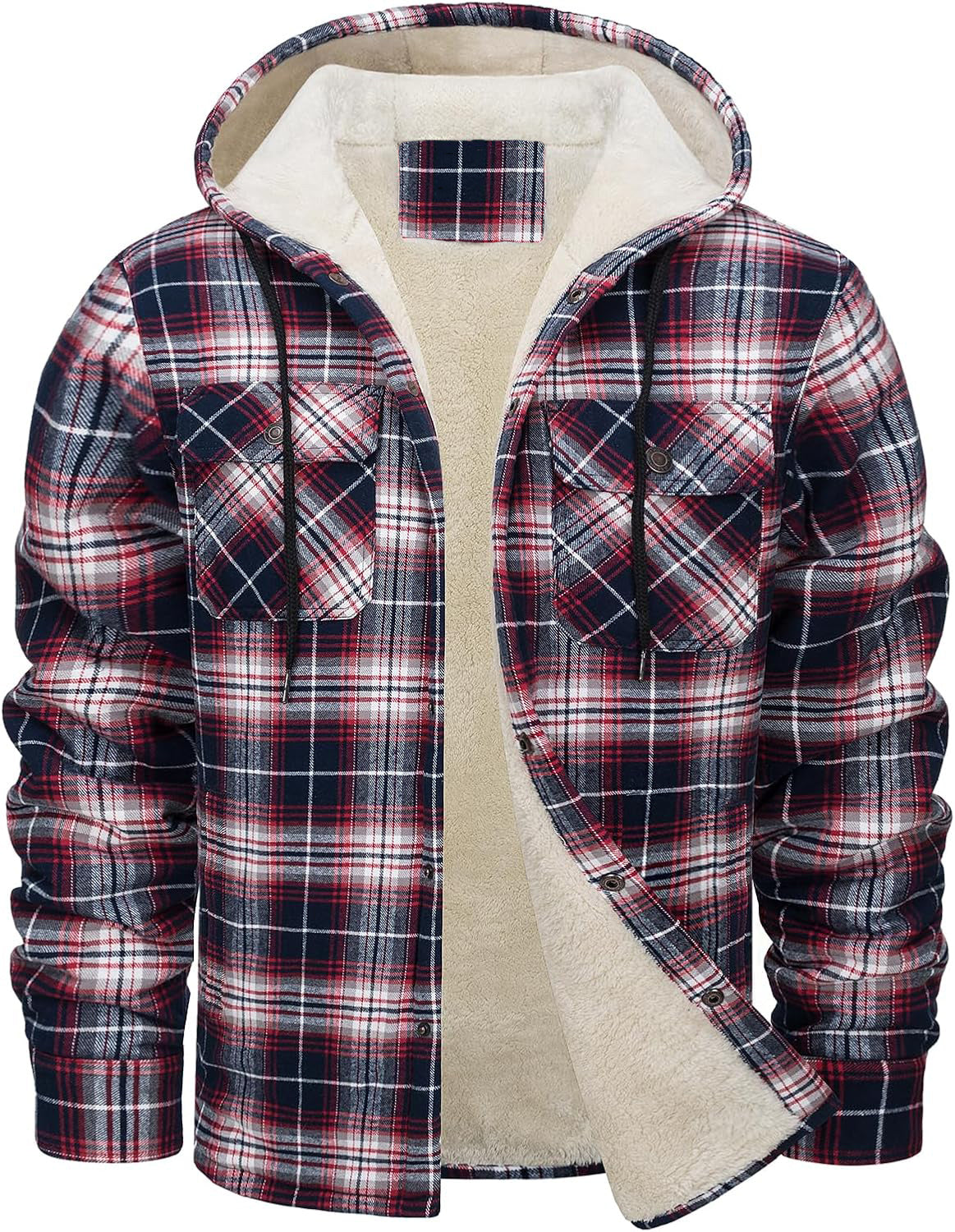 Men's Long Sleeve Hooded Fleece-lined Plaid Printed Coat