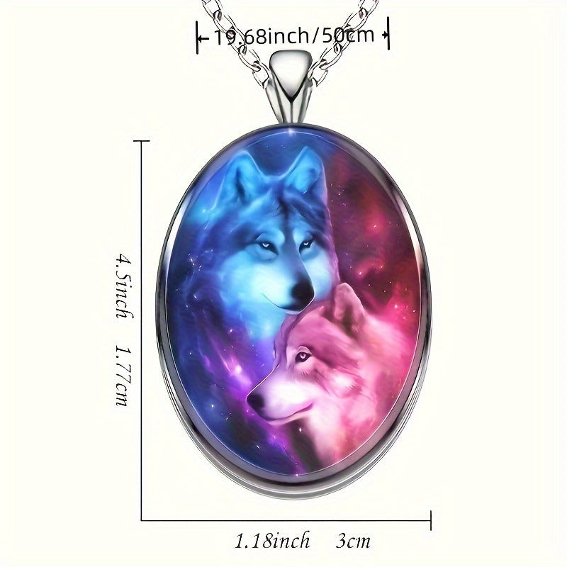 Creative Animal Wolf Head Oval Men's Alloy Glass Pendant Necklace