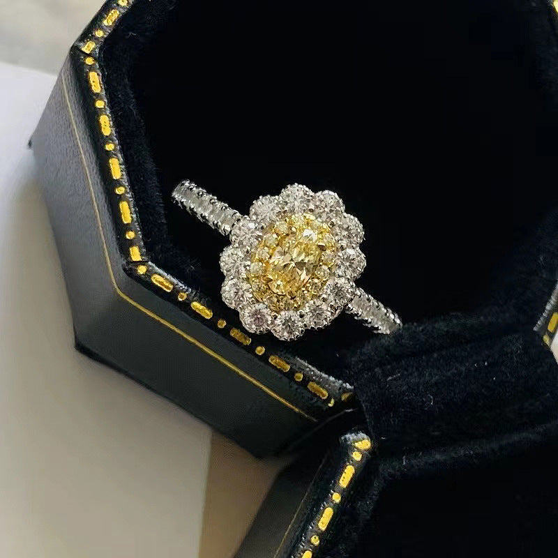 925 Sterling Silver Oval Diamond Chic Fashion Yellow Diamond Ring All-matching