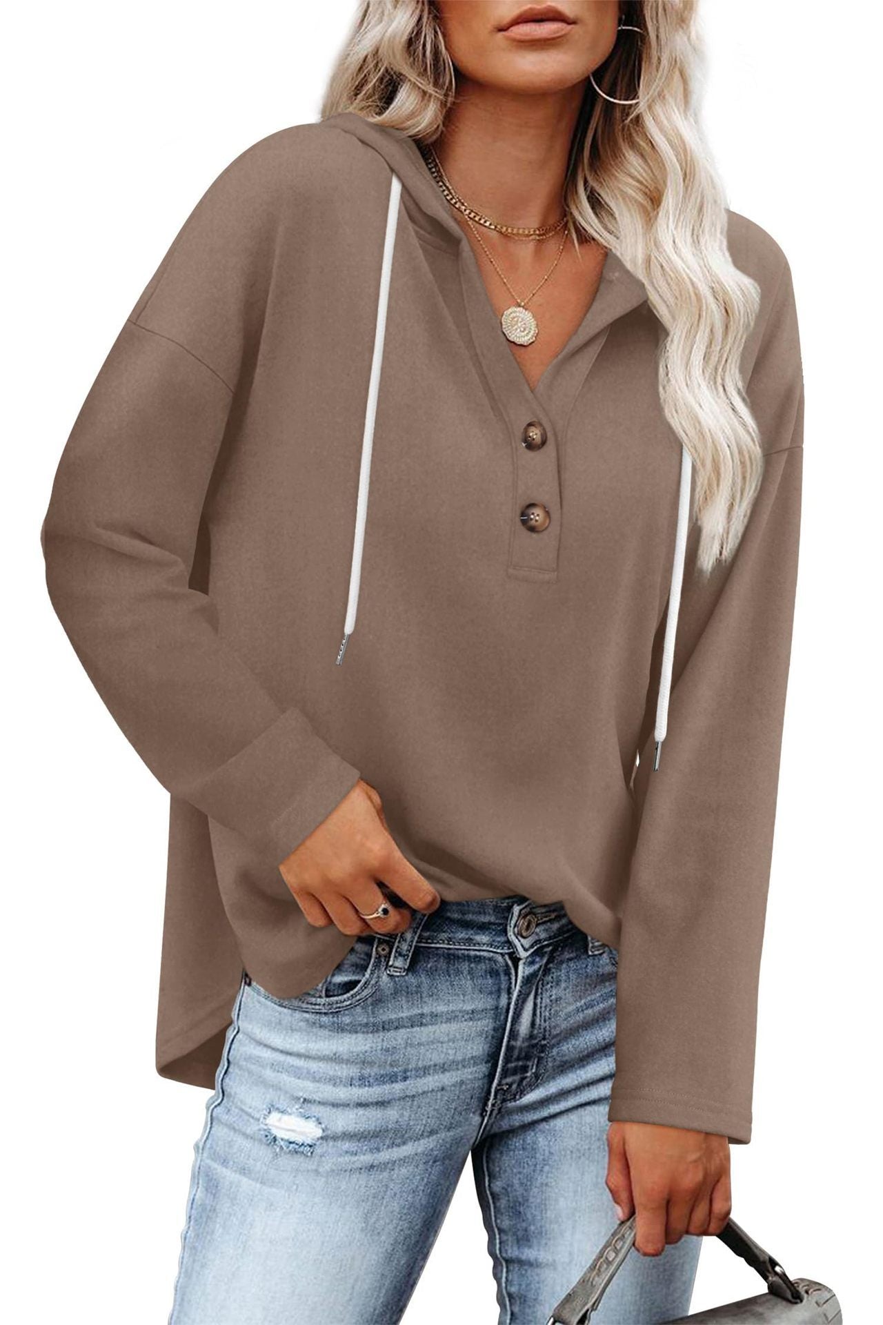 Women's Top V-neck Buttons Long-sleeved Sweater Shirt