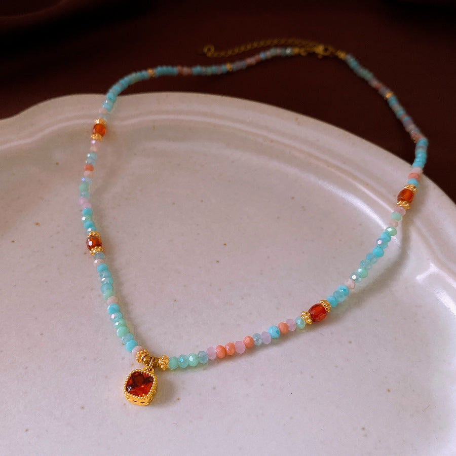 Colorful Stone Stringed Pearls Pendant Necklace All-match Necklace Clavicle Chain