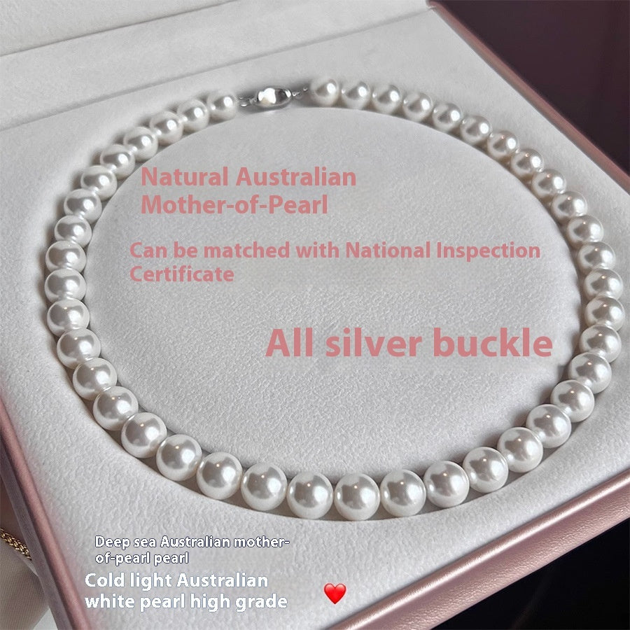925 Silver Ingot Buckle Strong Light High Quality Shell Pearls Australian White Necklace