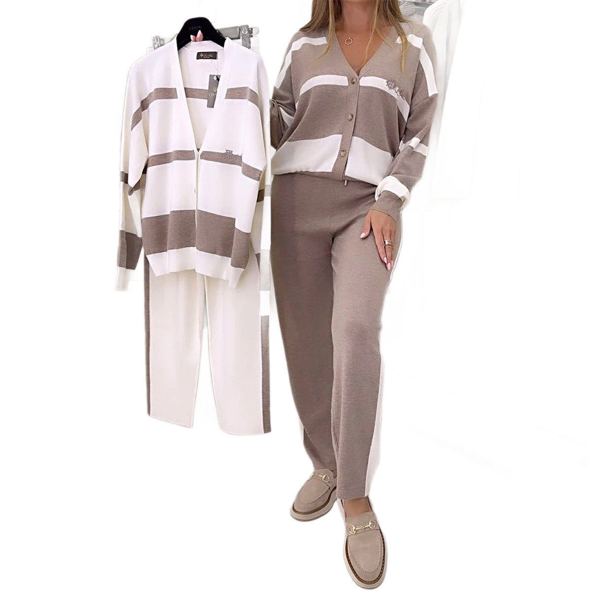 Commuter Striped Patchwork Top Trousers Women's Suit Two-piece Set