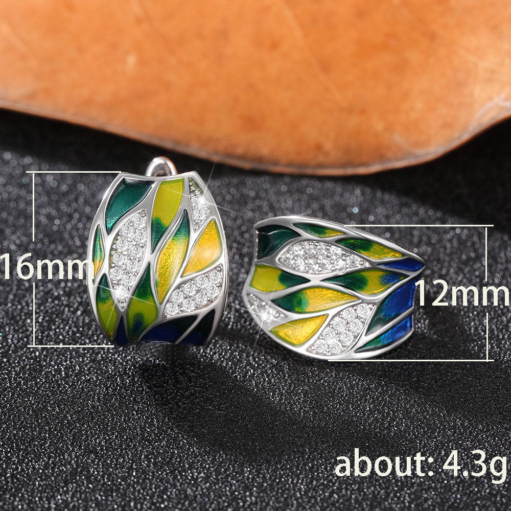 Pastoral Style Green Mori Style Enamel Zircon Earrings Elegant Ear Clip