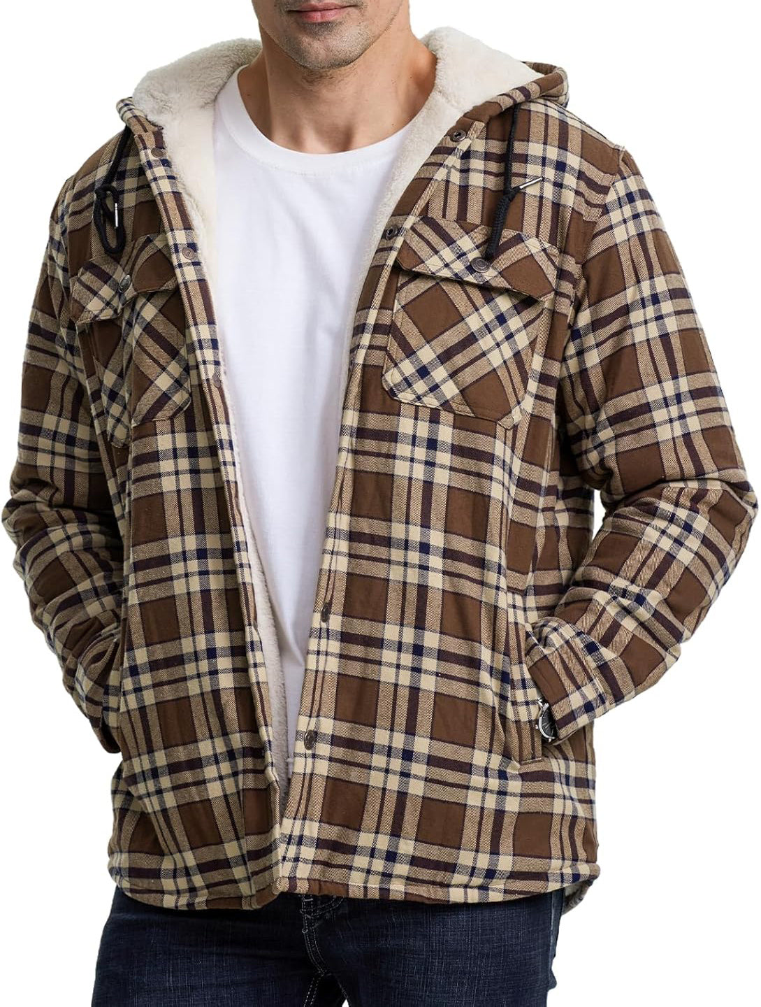 Men's Long Sleeve Hooded Fleece-lined Plaid Printed Coat