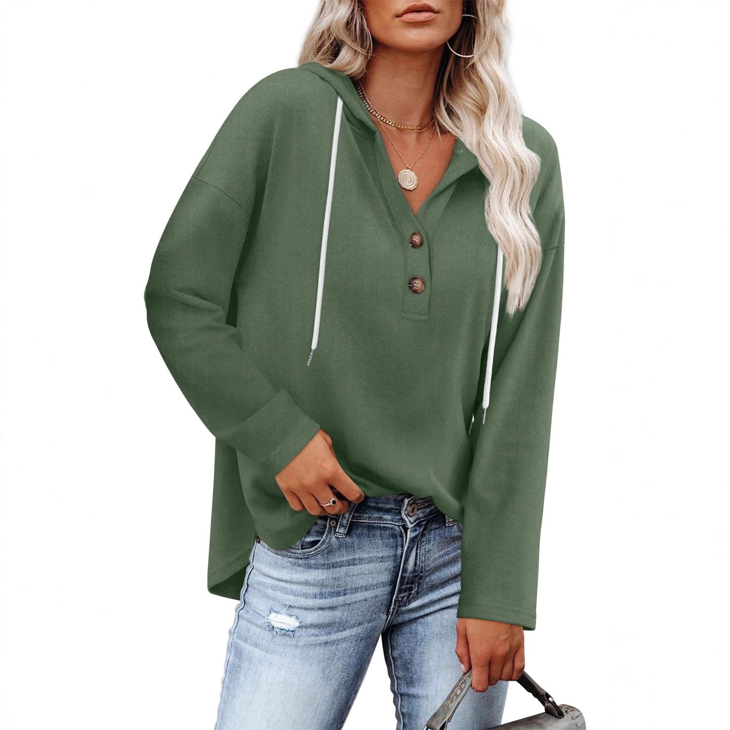 Women's Top V-neck Buttons Long-sleeved Sweater Shirt