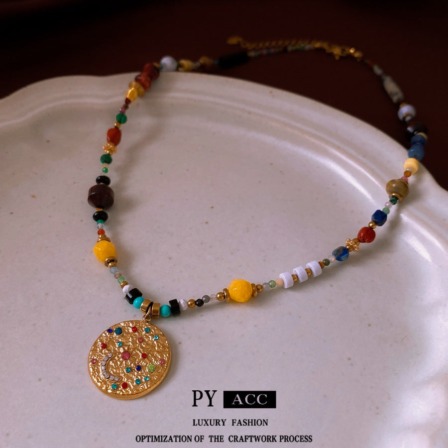 Colorful Stone Stringed Pearls Pendant Necklace All-match Necklace Clavicle Chain