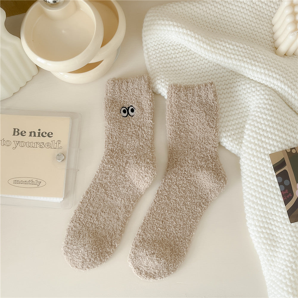 Women's Solid Color Embroidered Sleep Thickening Warm Terry Socks