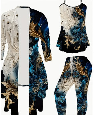 Women's 3 Suits, Printed Cardigan Jacket With Solid Color Casual Pants Vest Everyday Suit