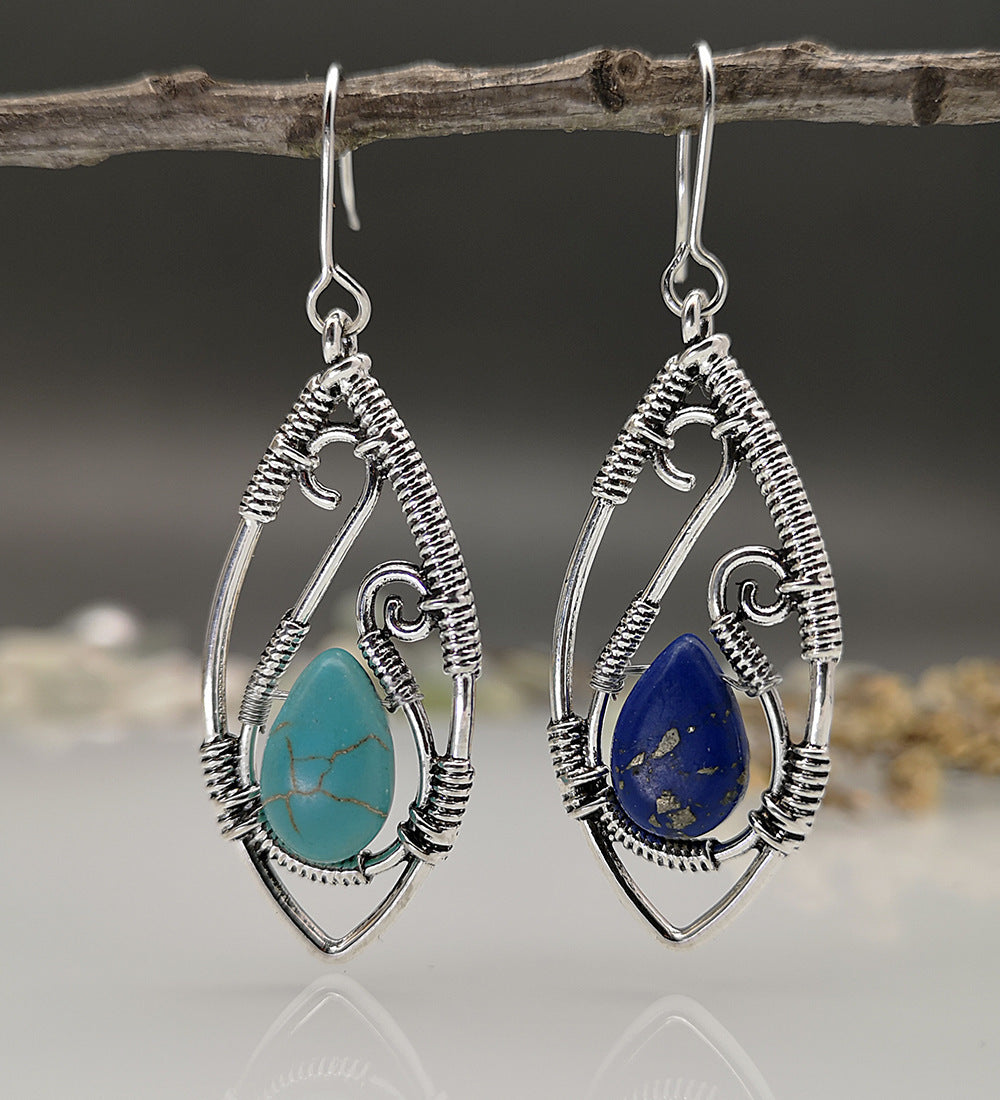 Creative Lapis Retro Silver String Winding Turquoise Earrings