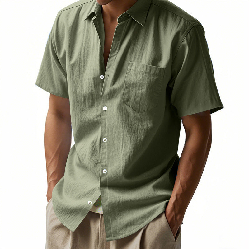 Solid Color Linen Shirt Short Sleeve Men