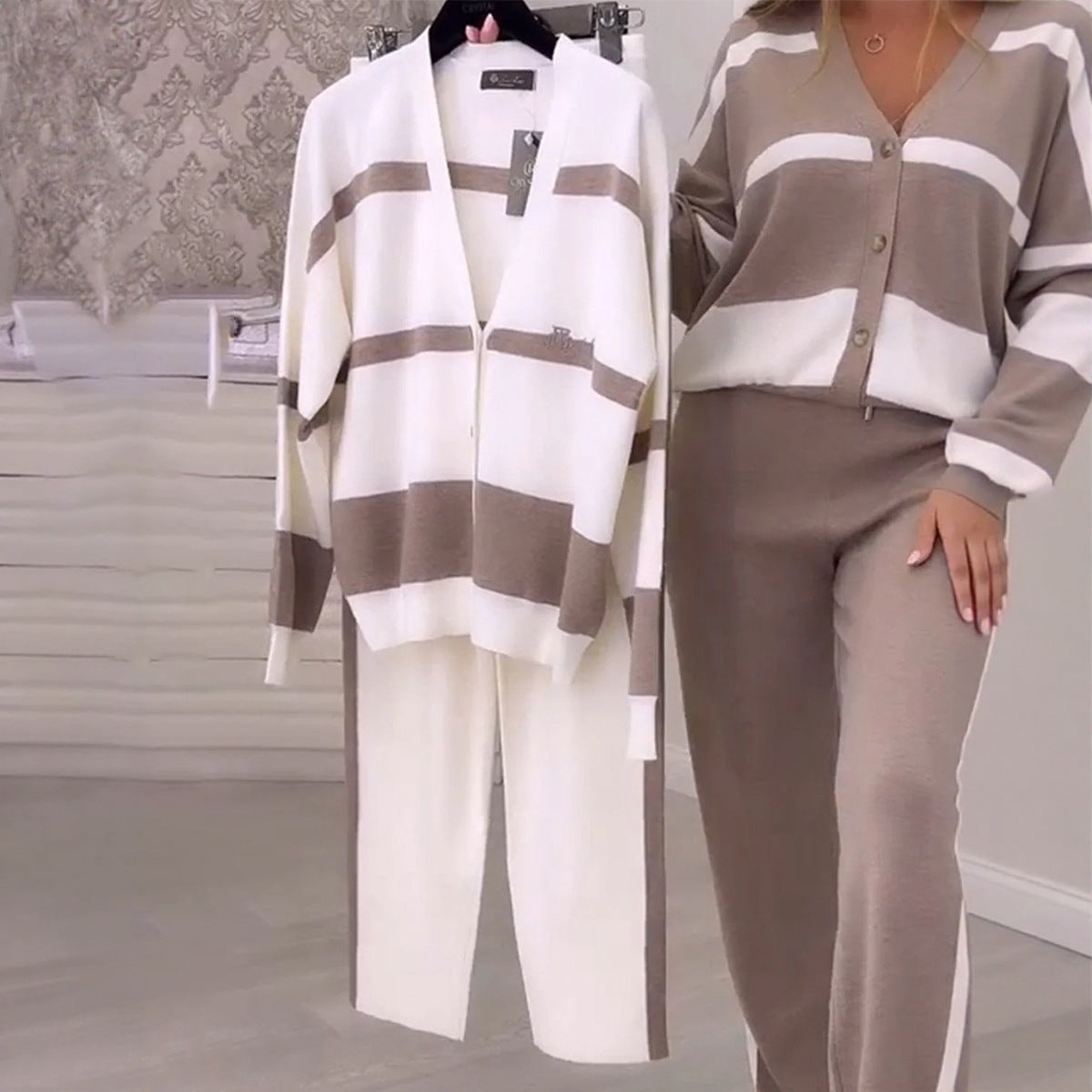 Commuter Striped Patchwork Top Trousers Women's Suit Two-piece Set