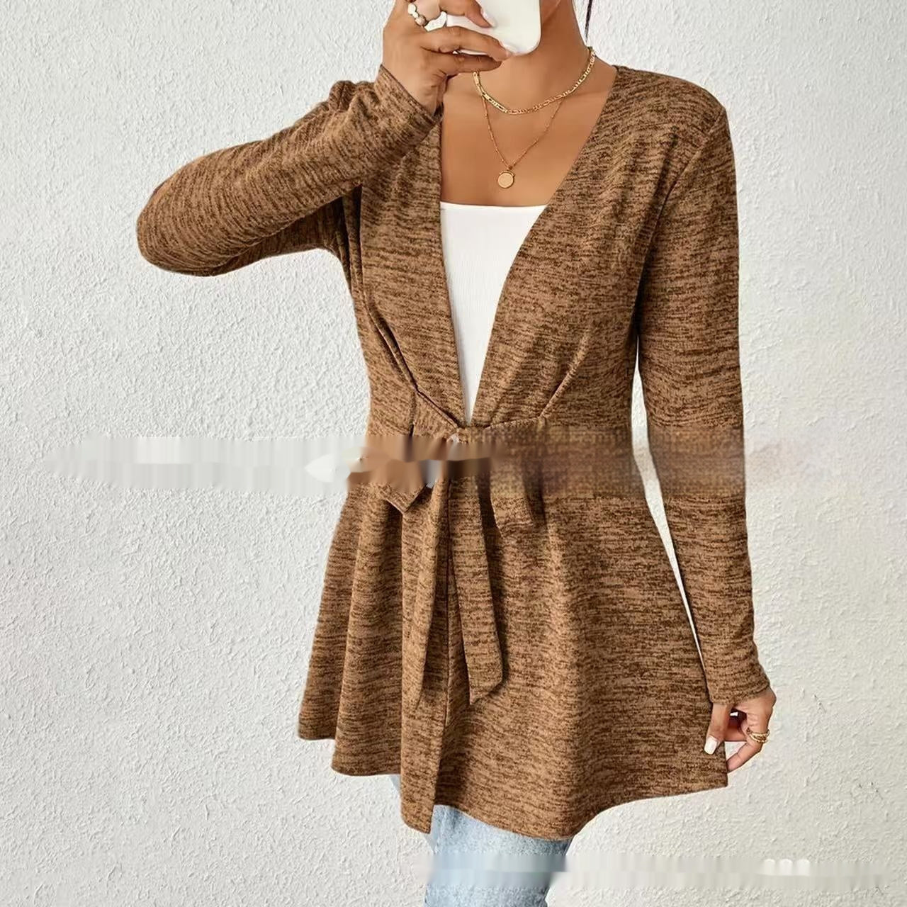 Solid Color Long Sleeve Lace Up Casual Loose Cardigan Top Women's Coat