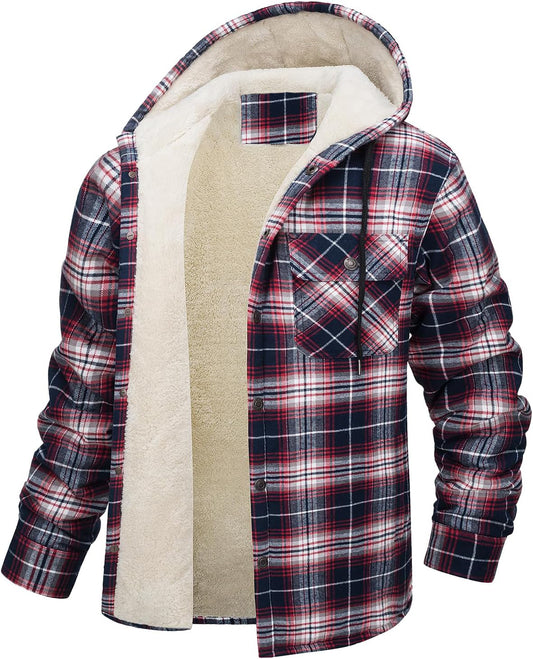 Men's Long Sleeve Hooded Fleece-lined Plaid Printed Coat