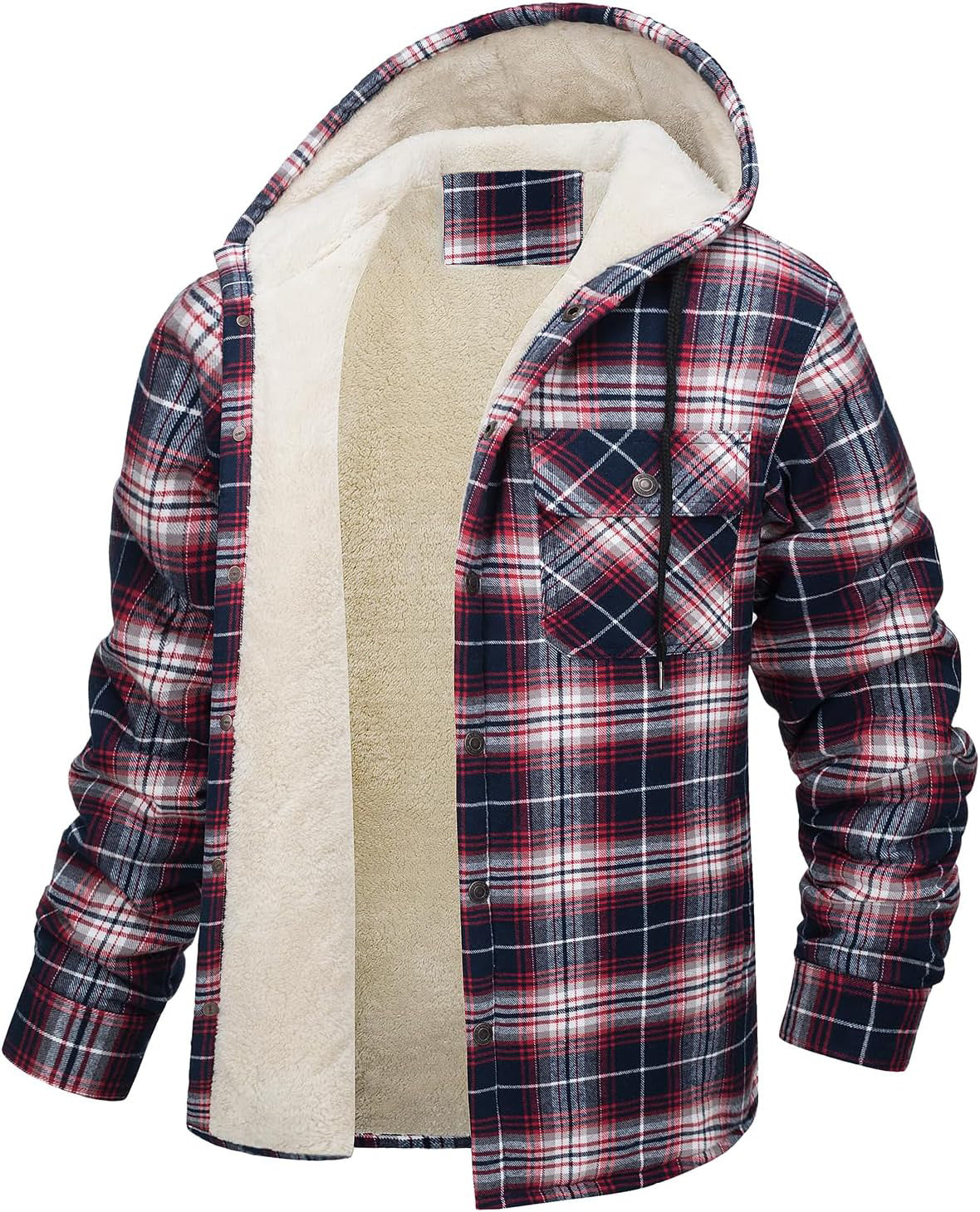 Men's Long Sleeve Hooded Fleece-lined Plaid Printed Coat