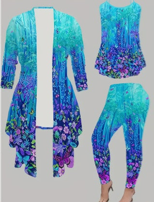 Women's 3 Suits, Printed Cardigan Jacket With Solid Color Casual Pants Vest Everyday Suit