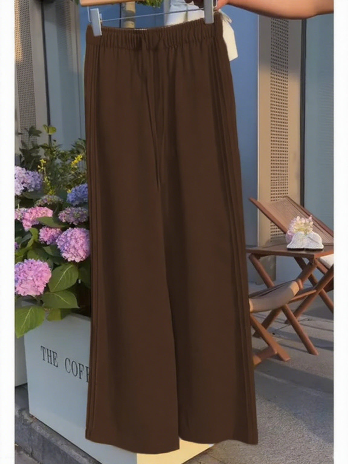 Ladies New Holiday Leisure Pure Color All-matching Drawstring Button Straight-leg Wide-leg Pants