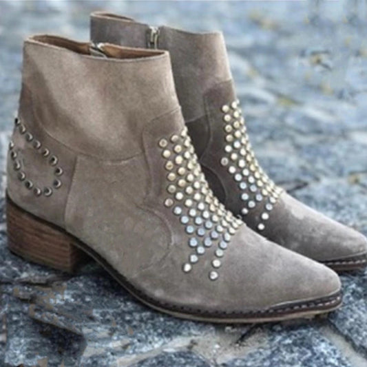 Retro Side Zipper Thick Heel Sequined Rhinestone Large Size Women's Ankle Boots