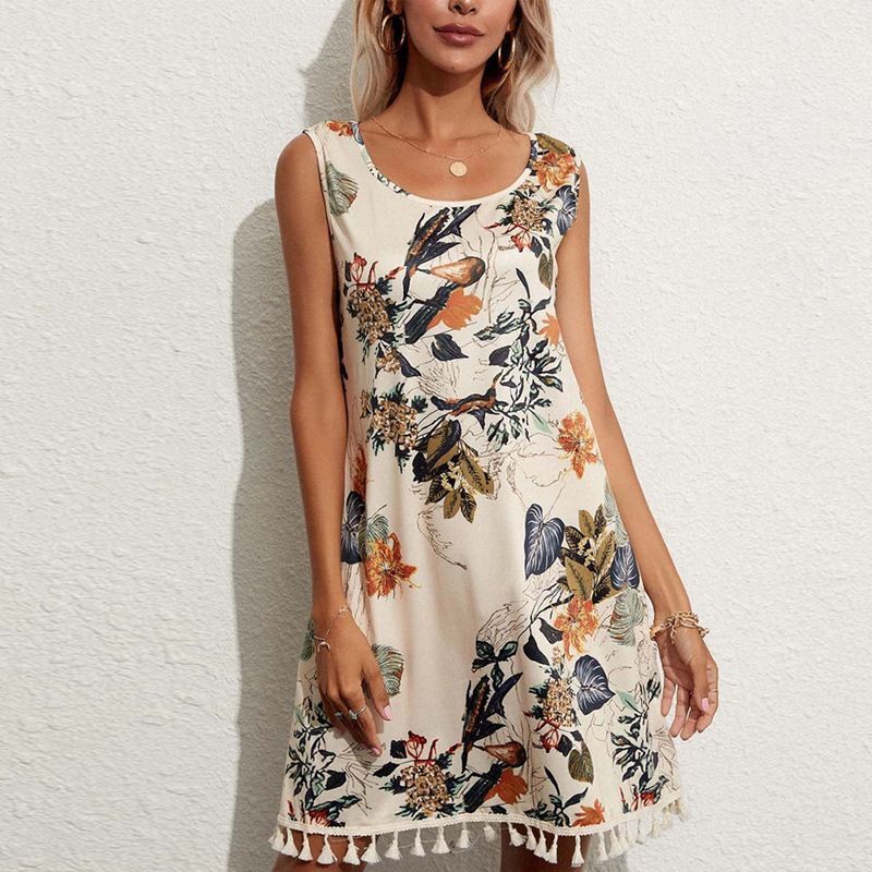 Loose Sleeveless Fringe Printed Dress For Women