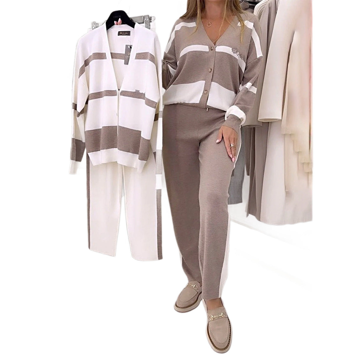 Commuter Striped Patchwork Top Trousers Women's Suit Two-piece Set