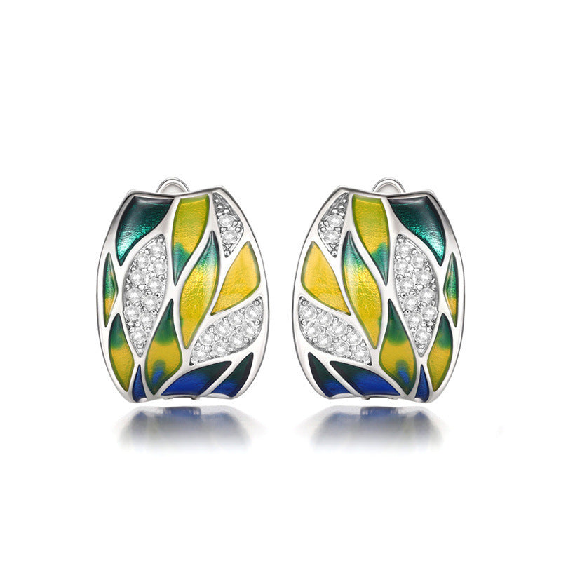 Pastoral Style Green Mori Style Enamel Zircon Earrings Elegant Ear Clip
