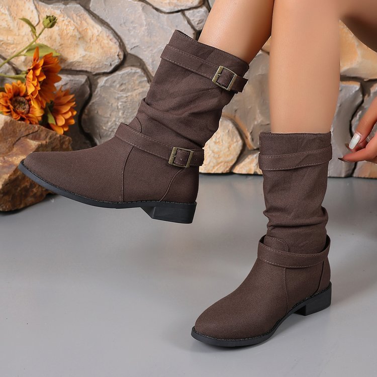 Square Heel Round Toe Women's Denim Leather Boots