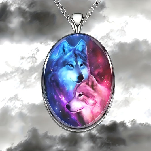 Creative Animal Wolf Head Oval Men's Alloy Glass Pendant Necklace