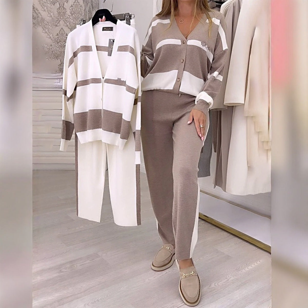 Commuter Striped Patchwork Top Trousers Women's Suit Two-piece Set