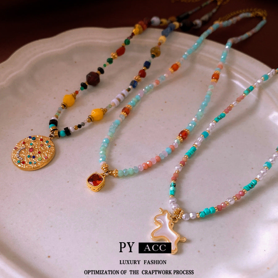 Colorful Stone Stringed Pearls Pendant Necklace All-match Necklace Clavicle Chain